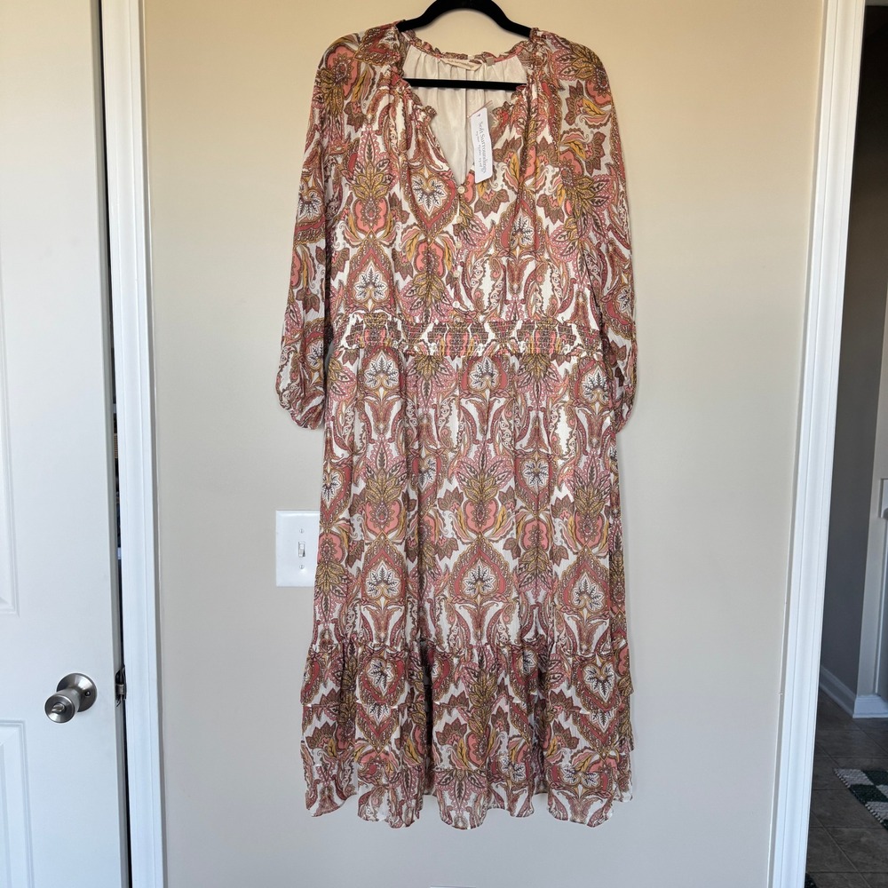 Soft Surroundings Paisley Smocked Midi Dress Pink Orange Boho XL NWT